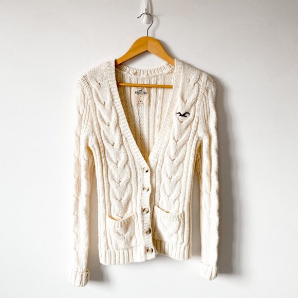 Hollister Cream Wool Blend Cable Knit Cardigan Sz M